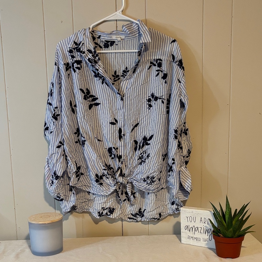 Maurices Blue & White Striped Button-Front Tie Blouse
